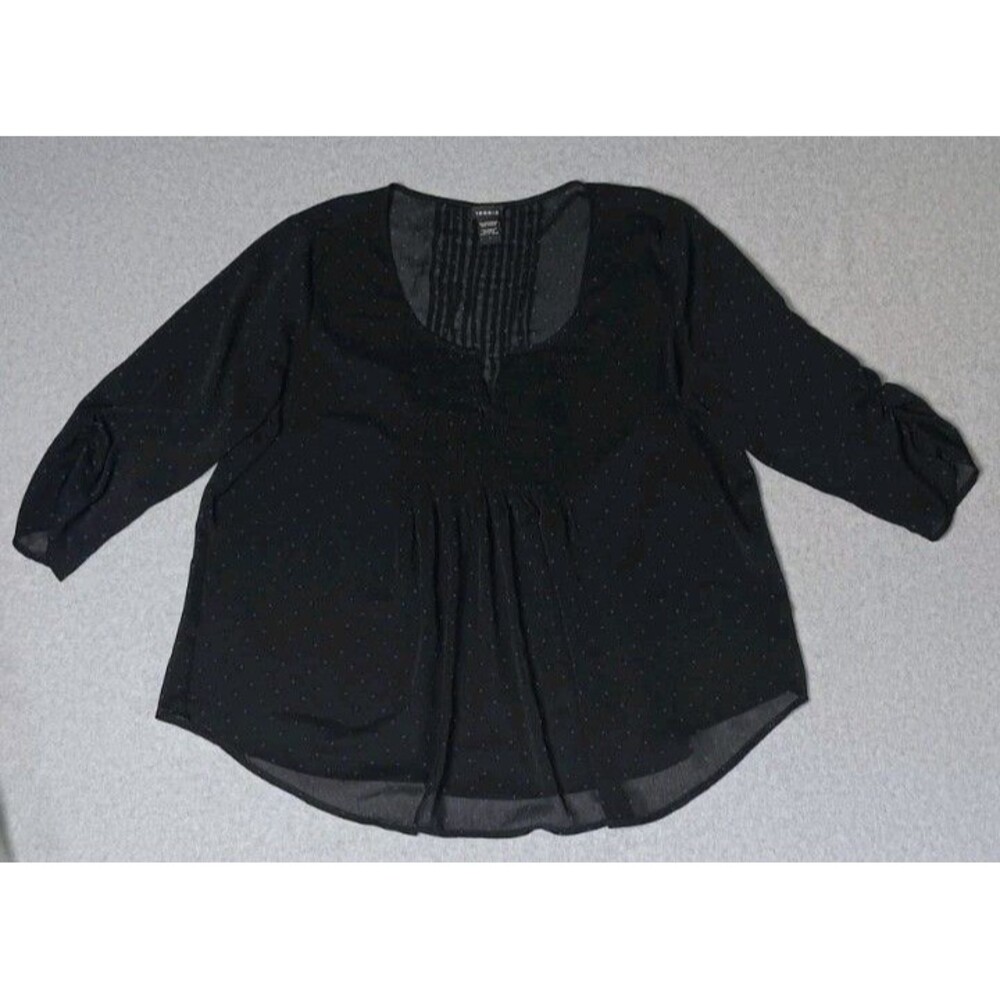 Torrid Semi Sheer Chiffon Pintuck 3/4 Sleeve Blouse 1 Black Blue Poka Dots Boho